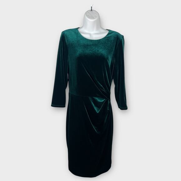 Eliza J Sheath Dress Sz 0 XXS Green Emerald Velvet Ruched Holiday Cocktail Party - Picture 3 of 9